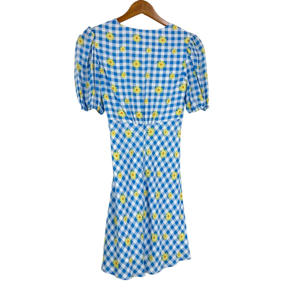 Staud Nwot Milla Dress Gingham Daisy Plaid Blue White Floral Puff Sleeve Size 0 View 3